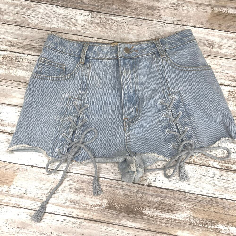 Lace Up Denim Micro Shorts S Light Wash Blue Frayed Boho Festival Daisy Dukes